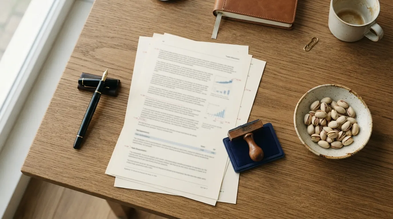 Export documents for a pistachio shipment laid out on a desk: invoice, packing list and certificates