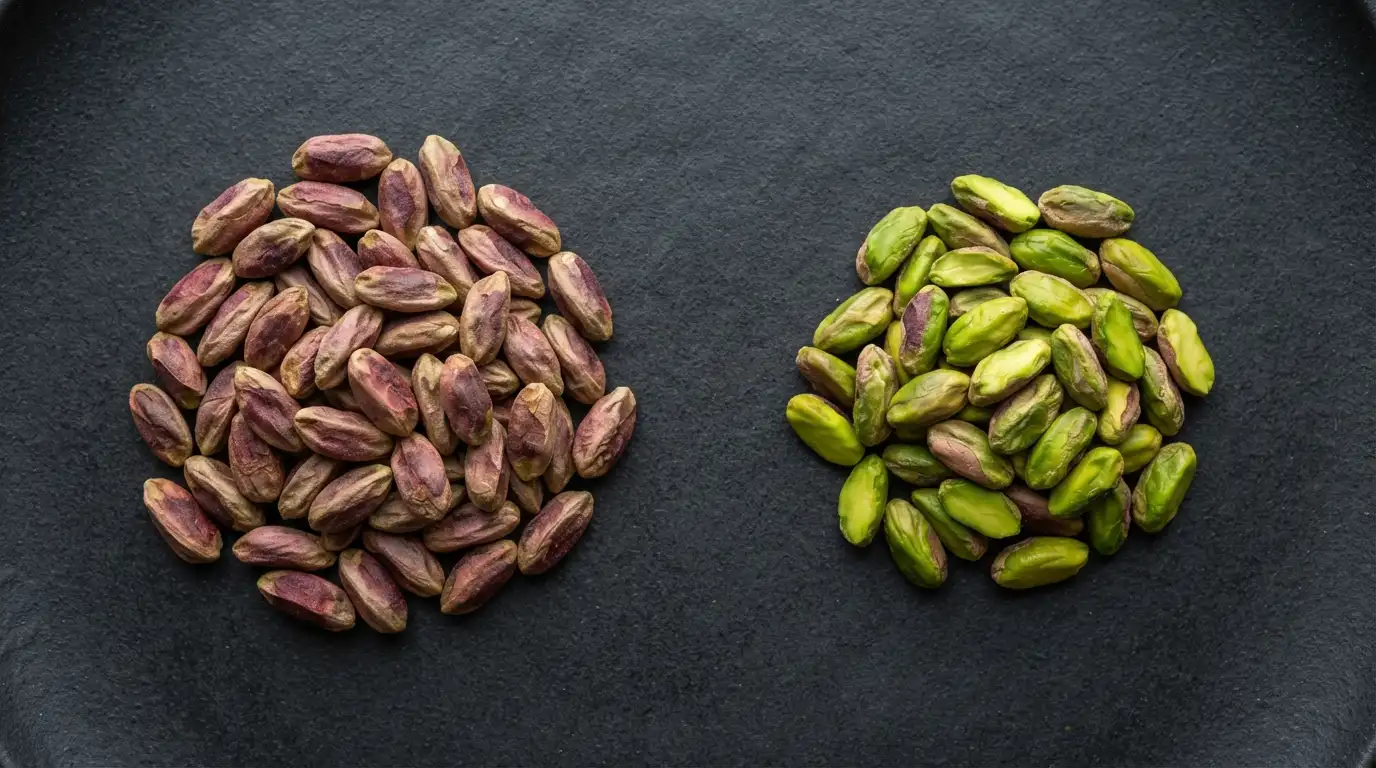 Bright green peeled pistachio kernels in bulk, the grade used by confectioners