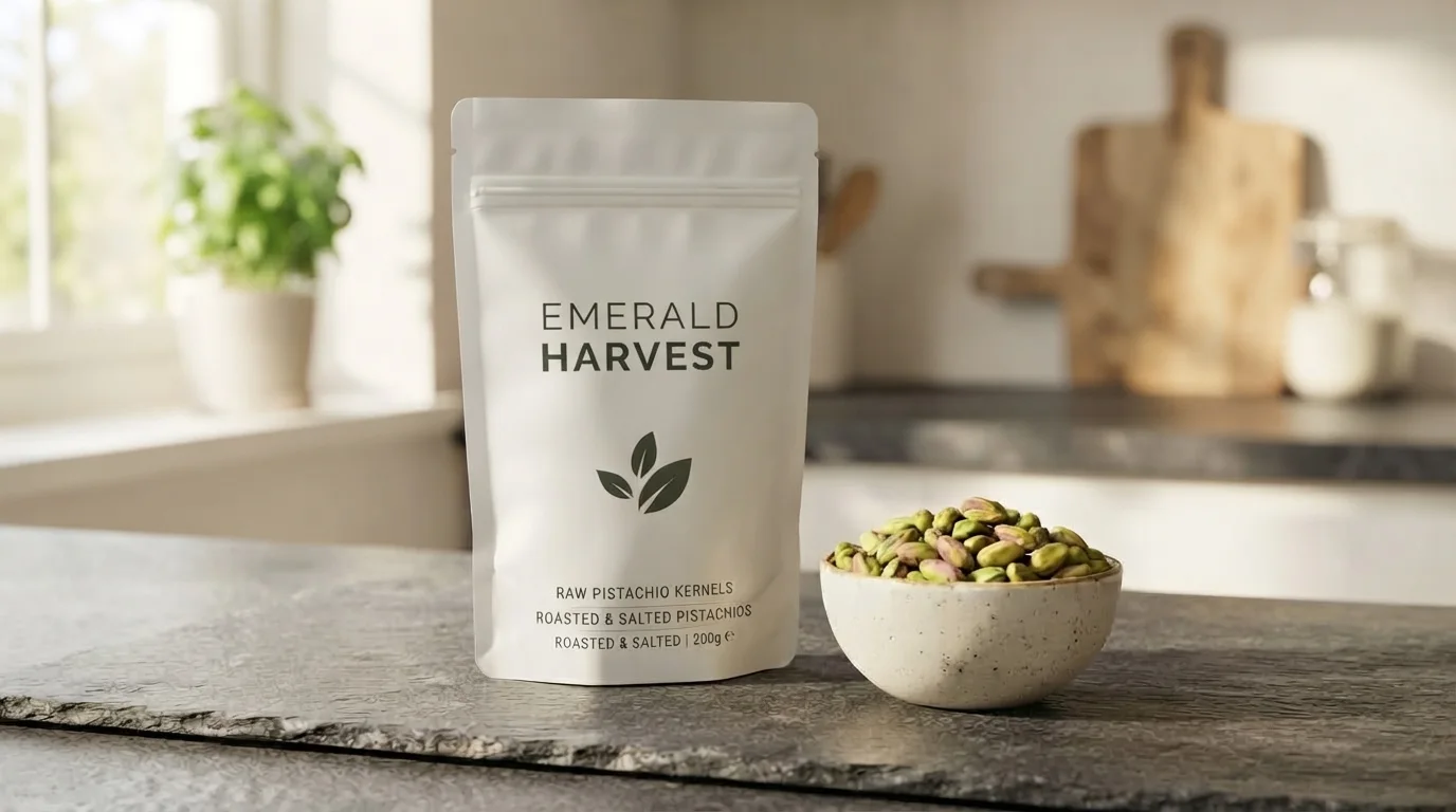 : Vacuum-sealed bricks of green pistachio kernels packed
