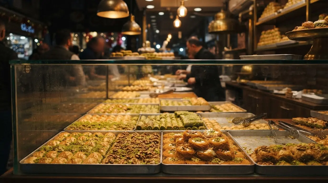 : A sweets shop display with baklava and kunafa decorated with green pistachio